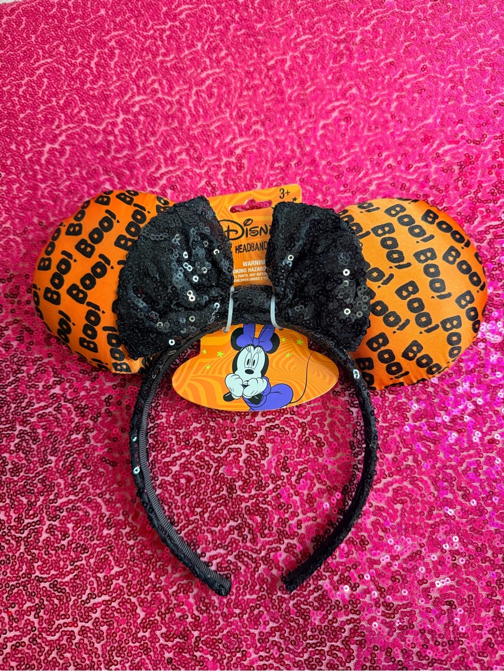 Disney Orange 'Boo' Halloween Minnie Ear Headband with Black Sequin Bow